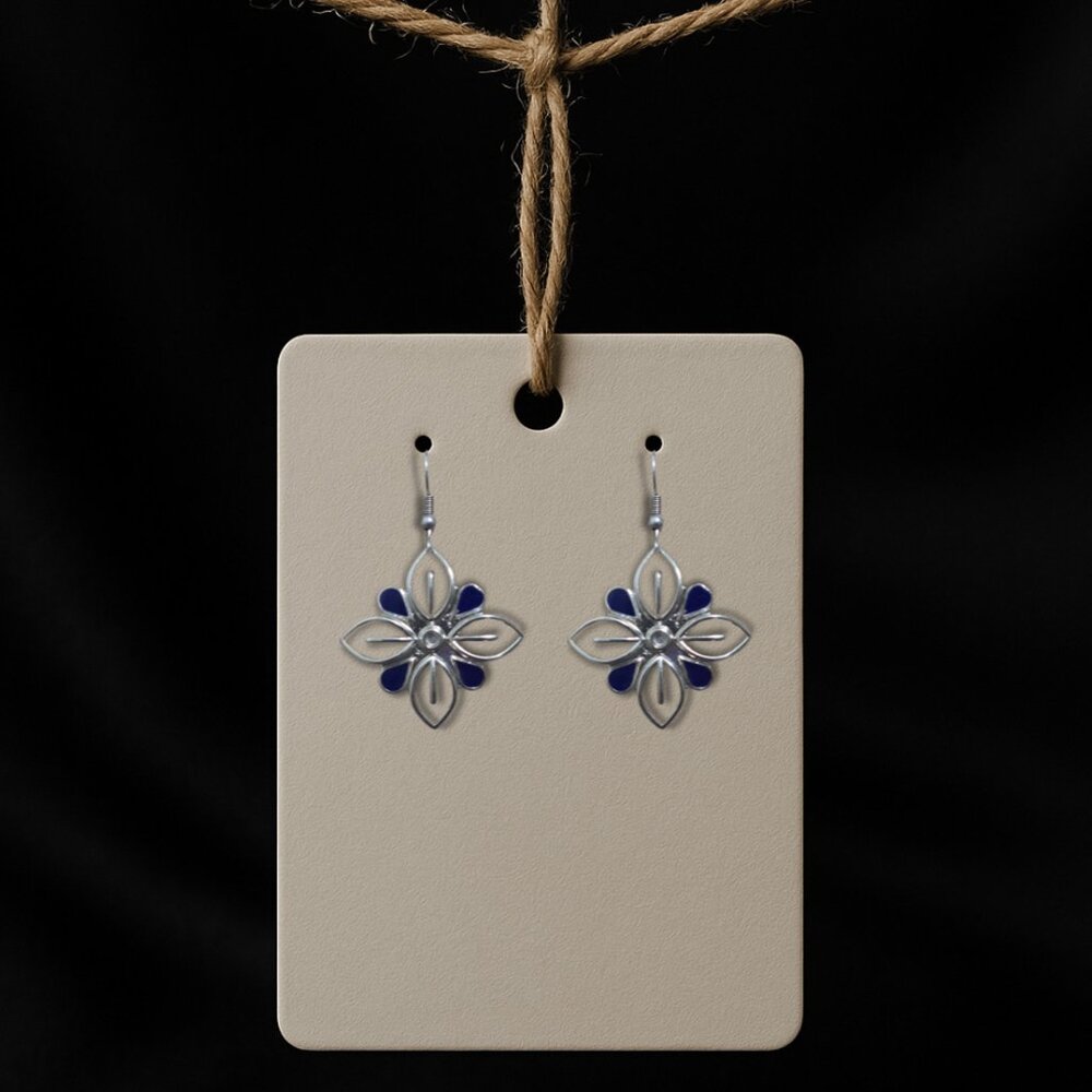 Handmade Blue Agave Flower Earrings – Hook Style in Silver and Navy Blue